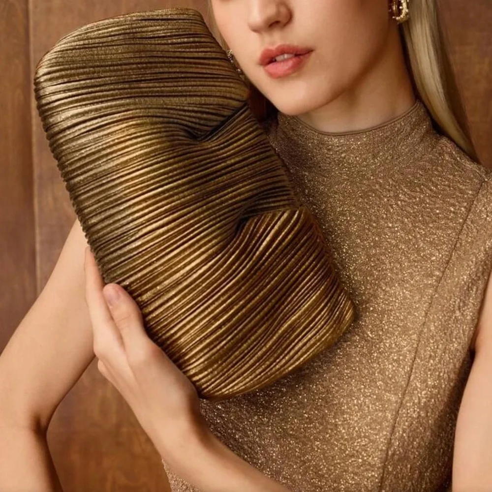 Elegant Pleated Brown Clutch Bag - Women - Picture 7 of 7